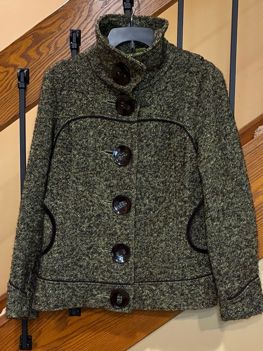 Soia & Kyo Jacket Tweed Green/Brown Short Button Pockets elbow patches SZ.large